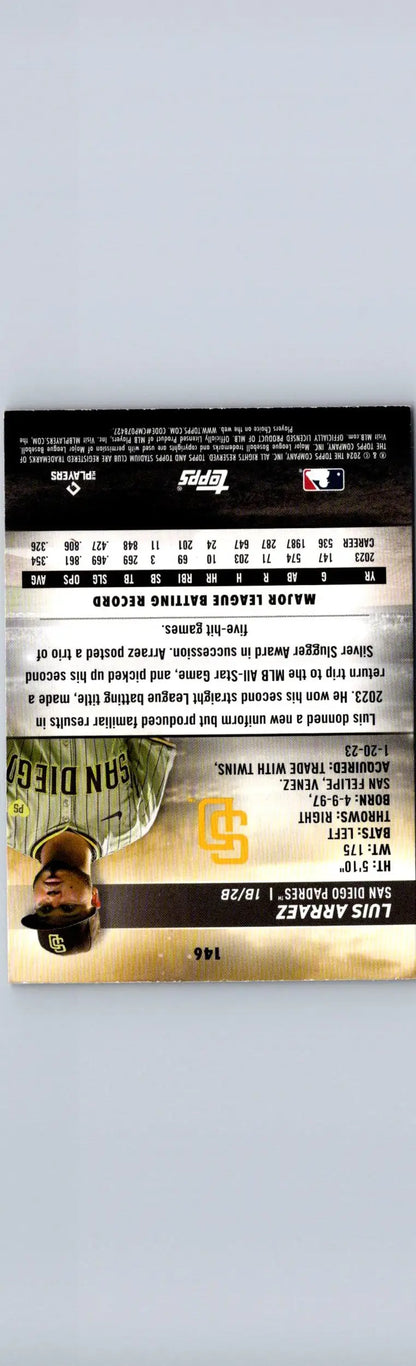 Baseball card featuring Luis Arraez Red Foil from 2024 Stadium Club #146