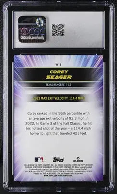 Graded baseball card of Corey Seager from 2024 Stadium Club Corey’s Virtuosos of Velocity