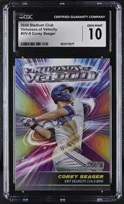 Graded Corey Seager baseball card from 2024 Stadium Club Corey featuring Virtuosos of Velocity