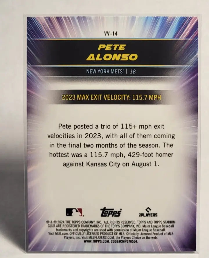 Back of a Pete Alonso Stadium Club 2024 Virtuosos of Velocity baseball card