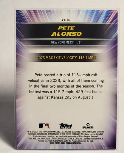 Back of a Pete Alonso Stadium Club 2024 Virtuosos of Velocity baseball card