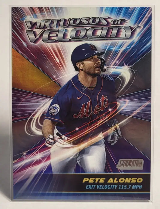 Baseball trading card of Pete Alonso from 2024 Stadium Club highlighting exit velocity