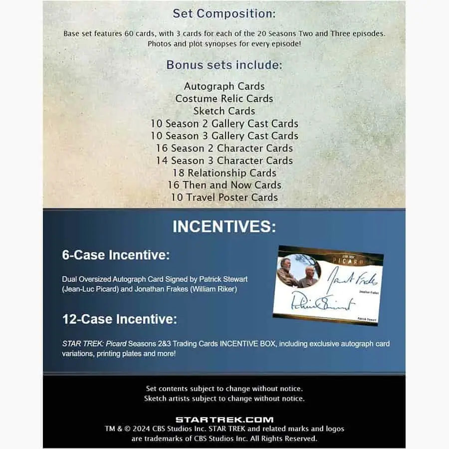 Star Trek Picard trading card set advertisement for 2024 box featuring autograph cards and relic card
