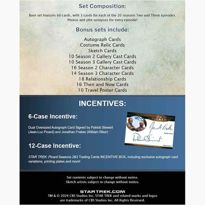 Star Trek Picard trading card set advertisement for 2024 box featuring autograph cards and relic card