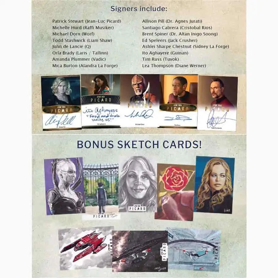 Star Trek Picard trading cards featuring autograph and relic cards in a 2024 box