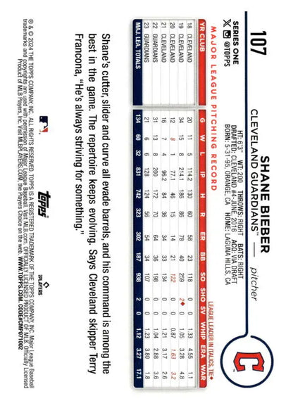 2024 Topps #107 Shane Bieber Baseball Card showcasing Cleveland Guardians player stats