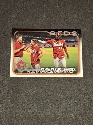Baseball card of resilient reds rookies from Cincinnati Reds 2024 Topps series