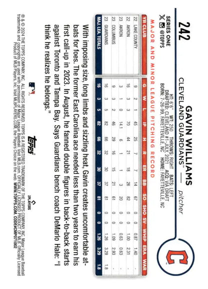 Baseball trading card of Gavin Williams showcasing Cleveland Guardians rookie stats
