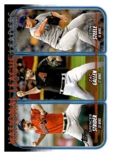 Baseball trading card featuring Justin Steele, Zac Gallen, and Spencer Strider in action