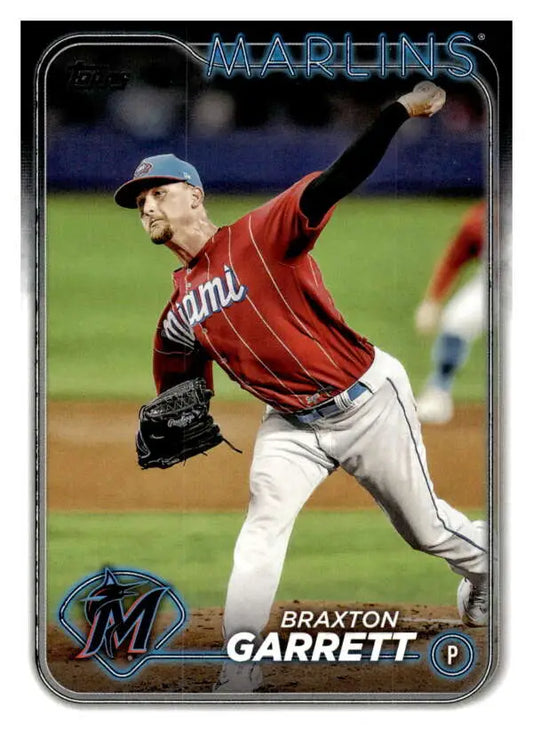 Braxton Garrett of Miami Marlins in red jersey pitching motion for baseball card