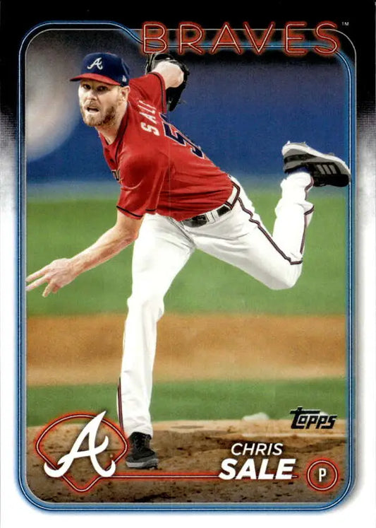Chris Sale delivering pitch in red Atlanta Braves jersey on 2024 Topps baseball card