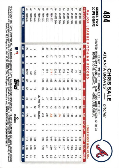 Chris Sale Atlanta Braves Baseball Card with player statistics and St. Louis Cardinals logo