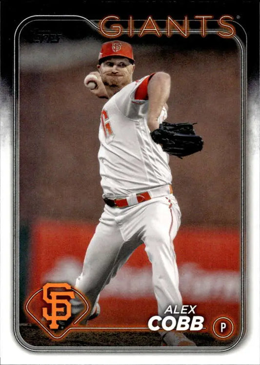Baseball card of San Francisco Giants pitcher Alex Cobb in mid-throw wearing home uniform