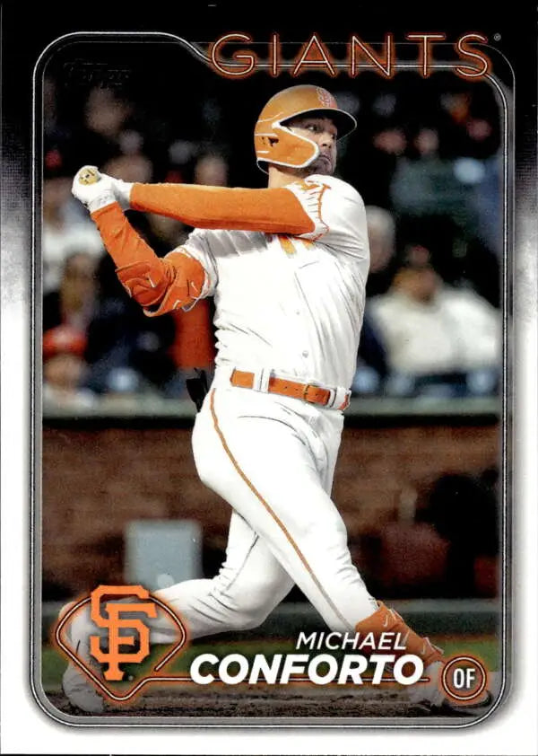Baseball player in white San Francisco Giants uniform swinging bat for Topps card