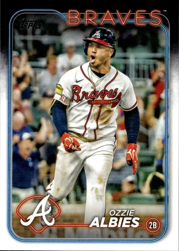 Ozzie Albies emotion-filled Atlanta Braves baseball card in white home jersey
