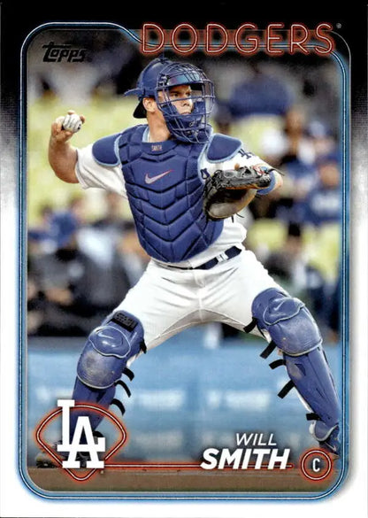 Baseball card of Los Angeles Dodgers catcher Will Smith in navy blue gear