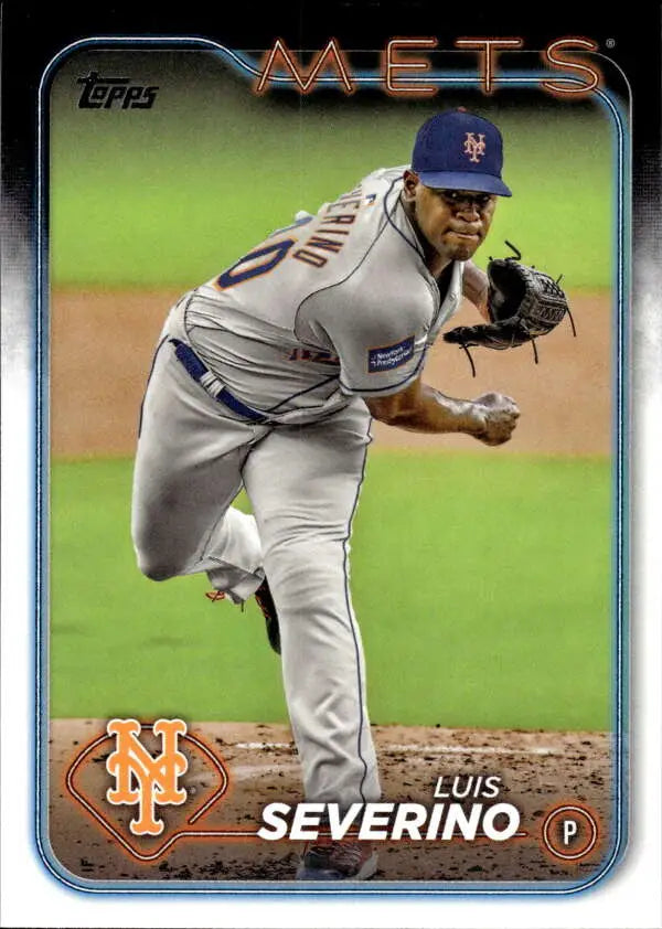 Luis Severino pitching in New York Mets road uniform on 2024 Topps baseball card
