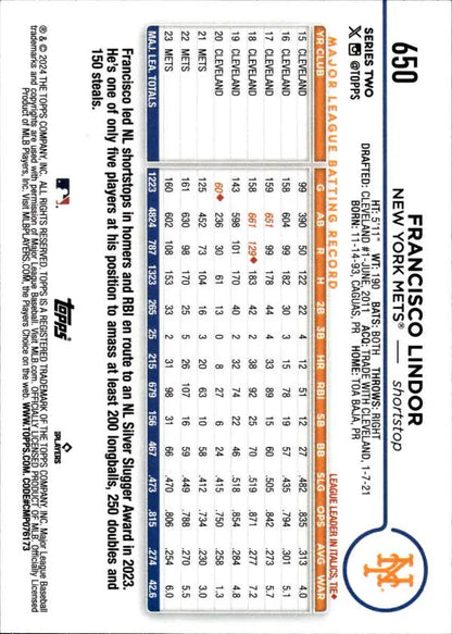 Baseball card back of Francisco Lindor with New York Mets statistics and data