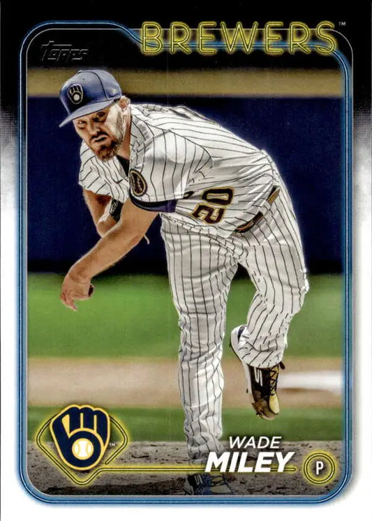 Wade Miley pitching in pinstriped uniform #20 on Milwaukee Brewers Baseball Card