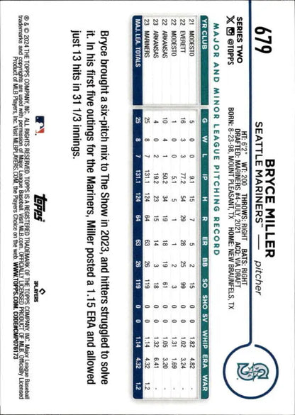 2024 Topps #679 Bryce Miller Seattle Mariners Baseball Card back with player statistics
