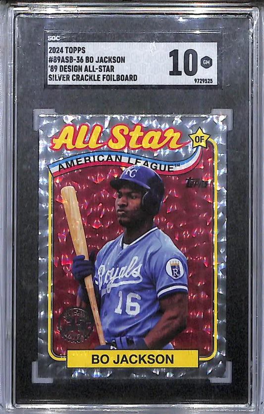 Graded Bo Jackson baseball card on silver crackle foilboard from 2024 Topps All-Star series