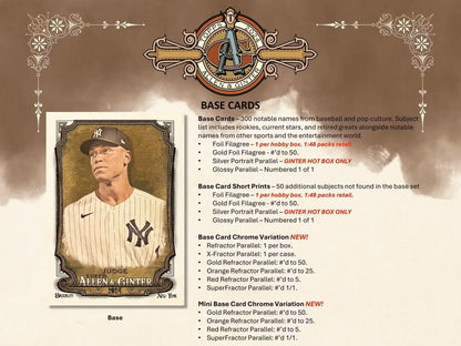 Baseball card product info for 2024 Topps Allen & Ginter Blaster Box featuring base card and refractor parallel