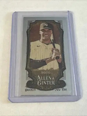 Baseball trading card of Juan Soto in protective sleeve from 2024 Topps Allen & Ginter Chrome Juan Soto #50 Mini