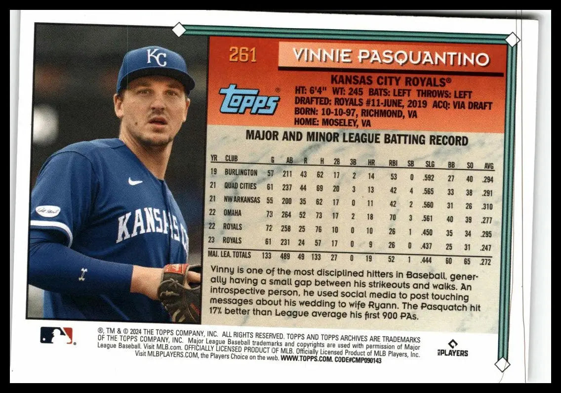 2024 Topps Archives Vinnie Pasquantino baseball trading card with minor league stats