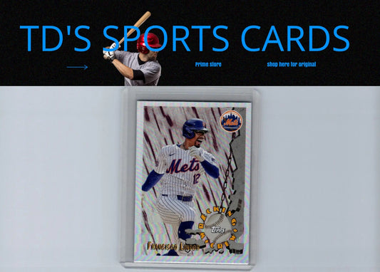 Baseball card of Francisco Lindor in protective case from 2024 Topps Archives Wrecking Crew