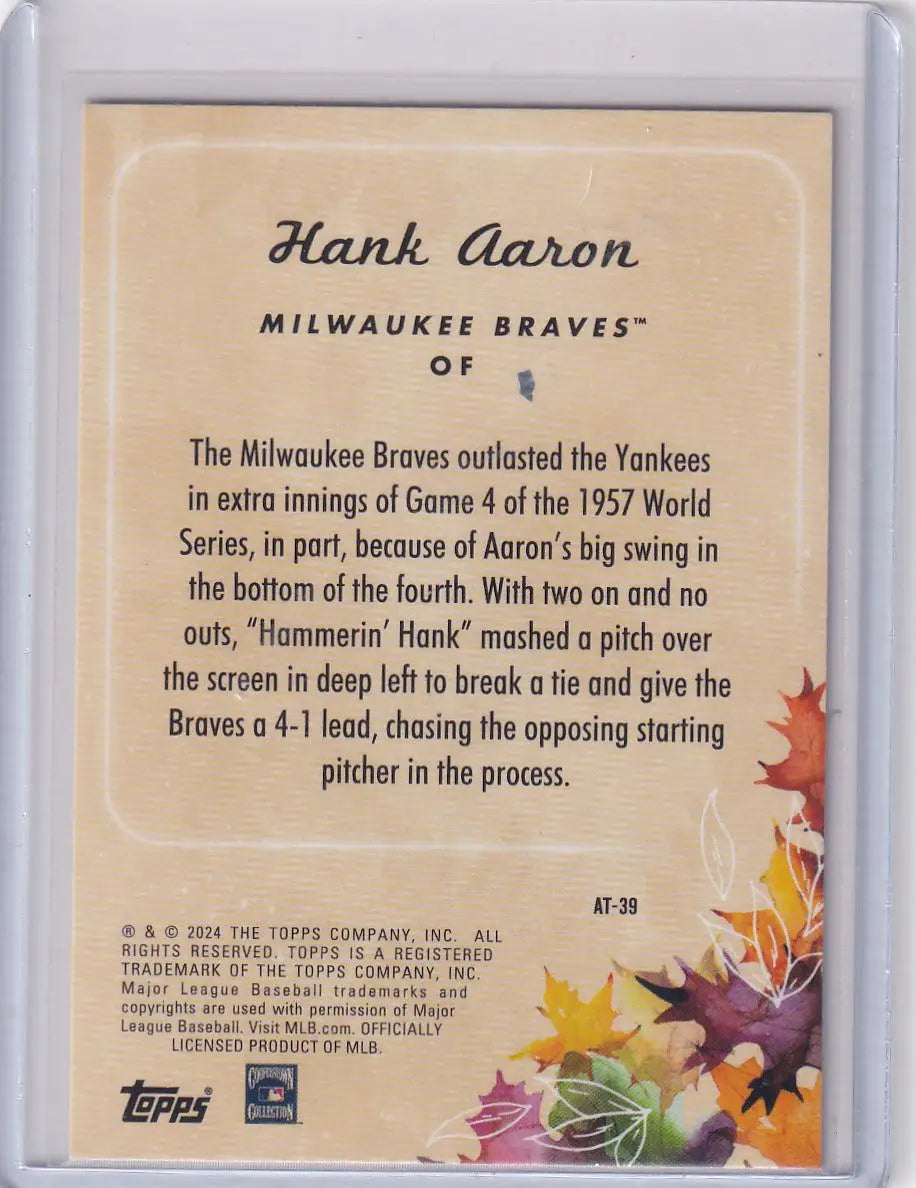 2024 Topps Autumn Tales AT39 Hank Aaron baseball card with autumn leaf artwork