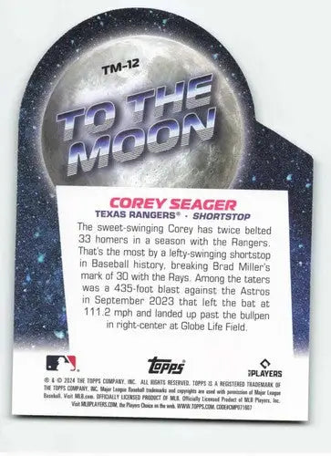 Back of a Corey Seager baseball card from 2024 Topps Big League To the Moon Die-Cuts with original gloss