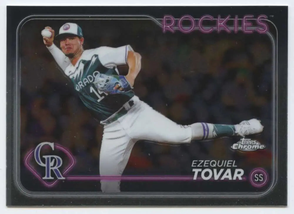 Ezequiel Tovar throwing in white uniform on 2024 Topps Chrome baseball card