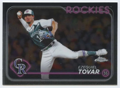 Ezequiel Tovar throwing in white uniform on 2024 Topps Chrome baseball card