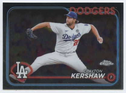 Clayton Kershaw in mid-delivery on 2024 Topps Chrome Los Angeles Dodgers baseball card