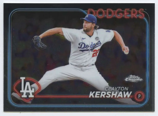 Clayton Kershaw in mid-delivery on 2024 Topps Chrome Los Angeles Dodgers baseball card