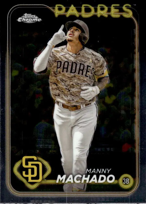 Manny Machado running the bases in a camouflage uniform on Topps Chrome Padres card