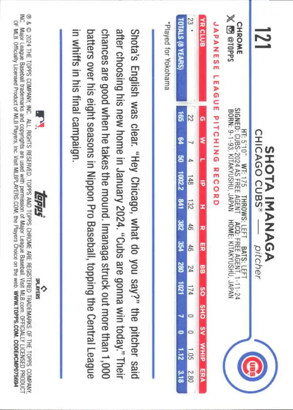 2024 Topps Chrome Shota Imanaga Rookie Baseball Card featuring Chicago Cubs design elements