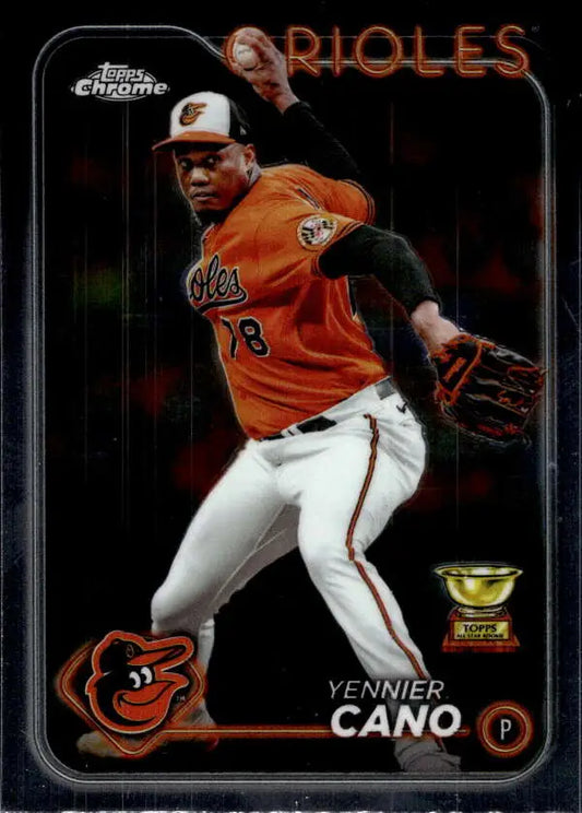 Baseball card of Yennier Cano in orange jersey for Topps Chrome Baltimore Orioles