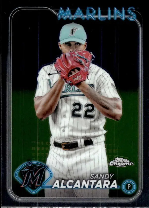 Baseball trading card of Sandy Alcantara in Miami Marlins uniform from 2024 Topps Chrome