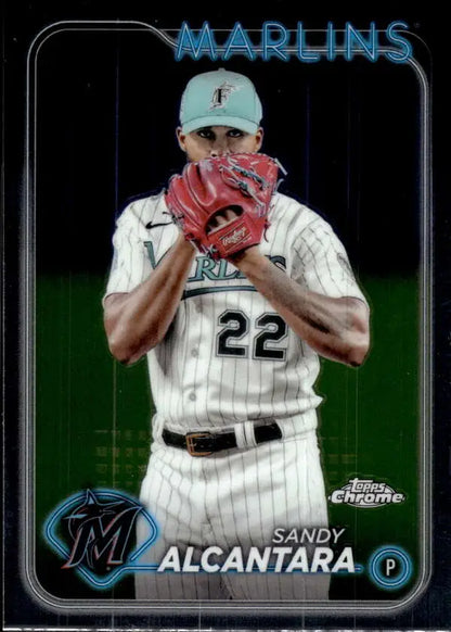 Baseball trading card of Sandy Alcantara in Miami Marlins uniform from 2024 Topps Chrome