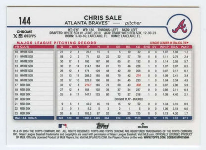 Chris Sale Baseball Card showcasing pitching stats from the 2024 Topps Chrome series