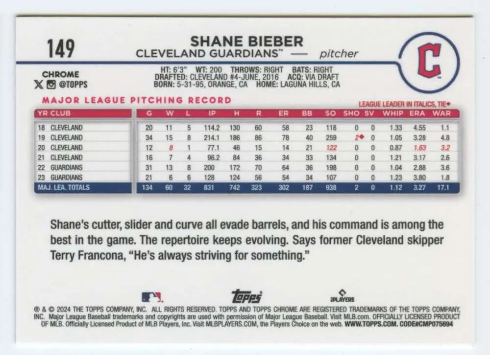 Cleveland Guardians Shane Bieber baseball card with stats and player information