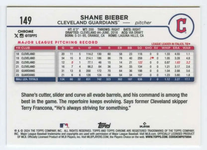Cleveland Guardians Shane Bieber baseball card with stats and player information