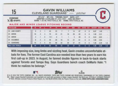 2024 Topps Chrome #15 Gavin Williams NM-MT RC Baseball Card for Cleveland Guardians