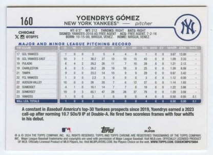 Baseball card featuring Yoendrys Gomez pitching stats for New York Yankees Topps Chrome