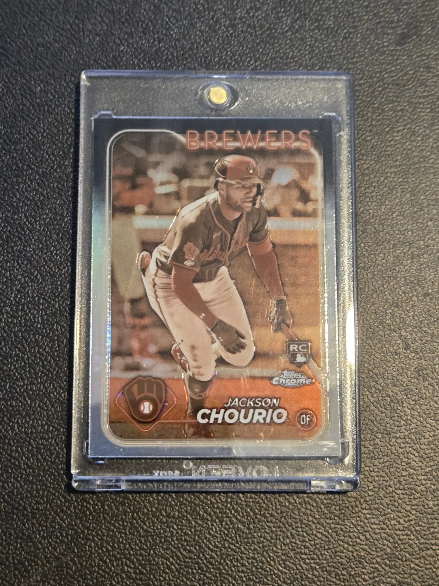Baseball card of Jackson Chourio Sepia Refractors for the Brewers from 2024 Topps Chrome
