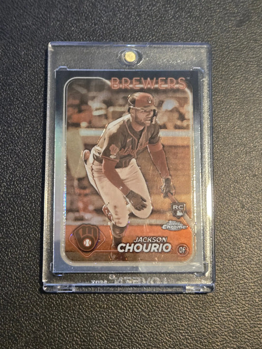 Baseball card of Jackson Chourio Sepia Refractors for the Brewers from 2024 Topps Chrome