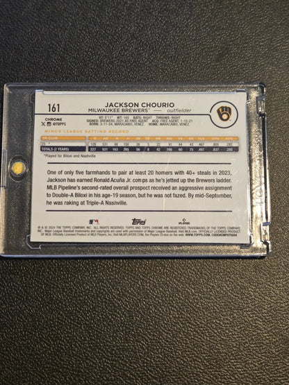 Back of a Jackson Chourio Sepia Refractors baseball card in protective case