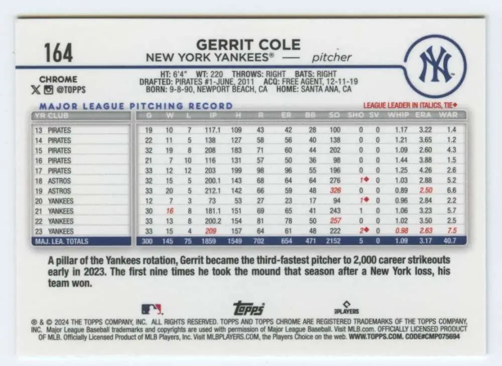 Gerrit Cole pitching statistics on a New York Yankees baseball card from Topps Chrome 2024