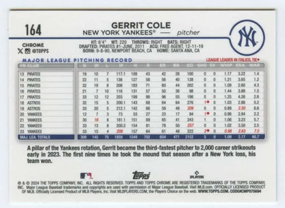 Gerrit Cole pitching statistics on a New York Yankees baseball card from Topps Chrome 2024